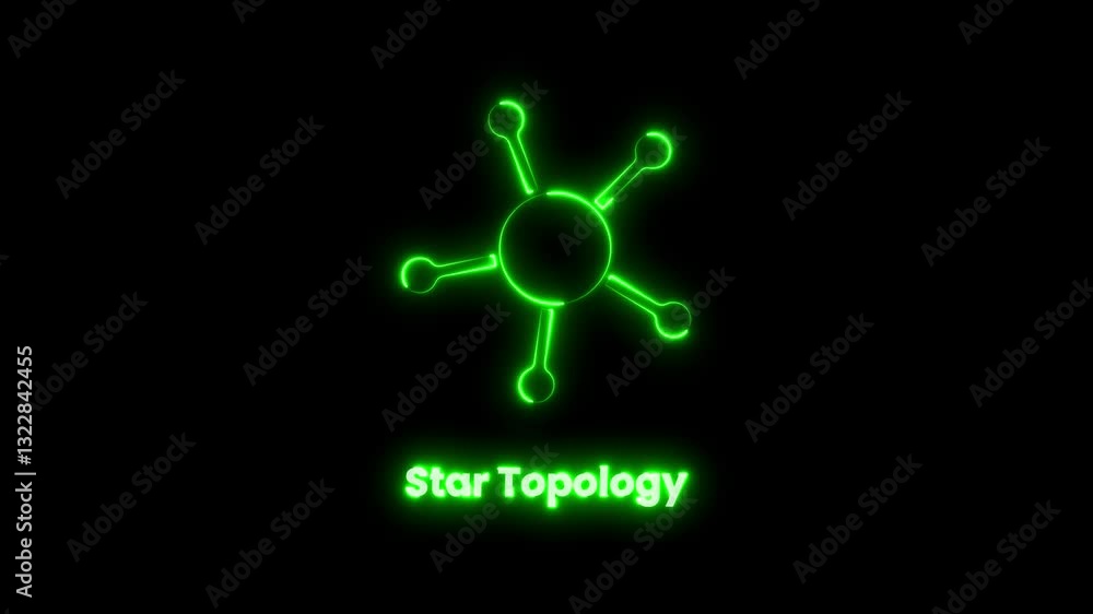Aufkleber animation of star topology icon with cyan color neon on black background. computer networking topolo