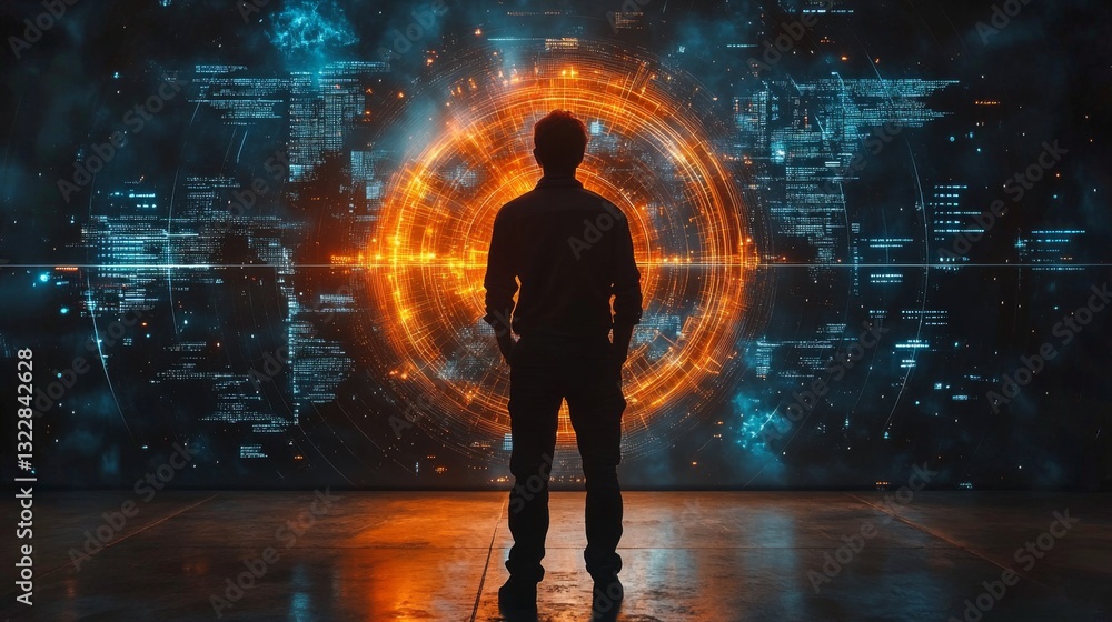Leinwandbilder a person stands silhouetted against a glowing, intricate backdrop representing quantum concepts like