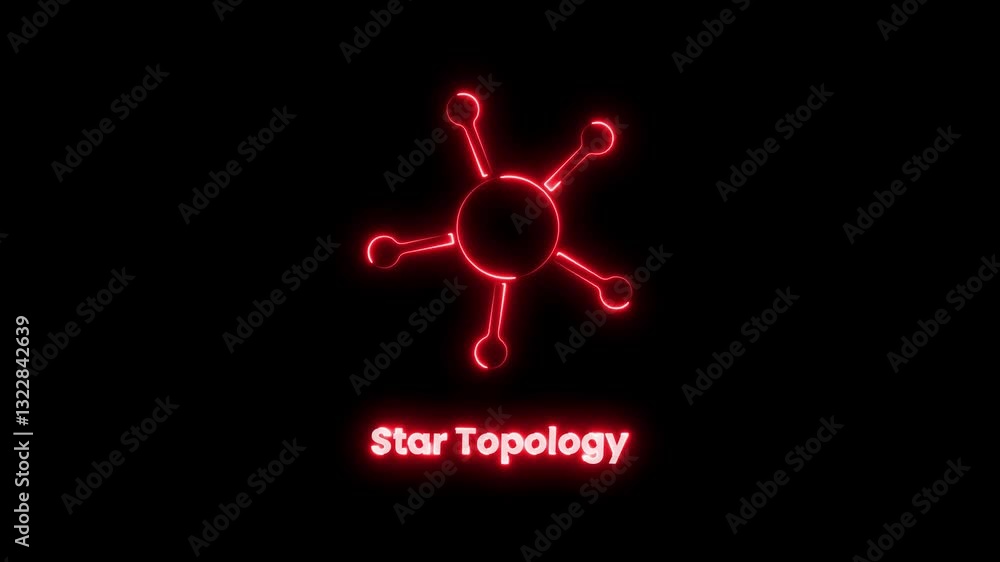 Aufkleber animation of star topology icon with cyan color neon on black background. computer networking topolo