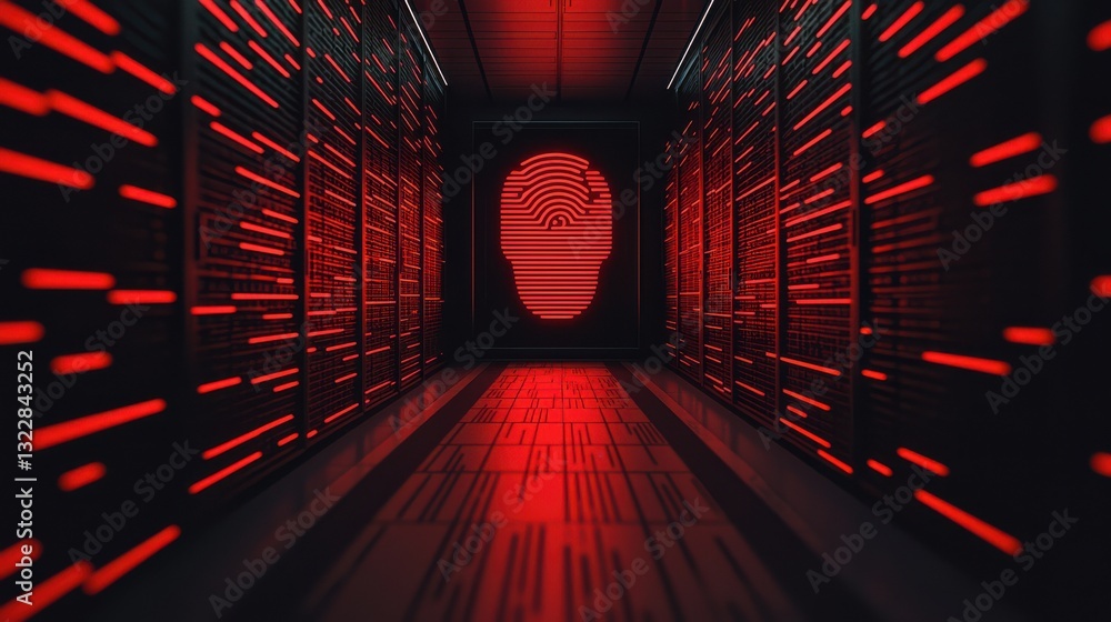 Poster data center security infographic concept. futuristic data center access control with biometric scann