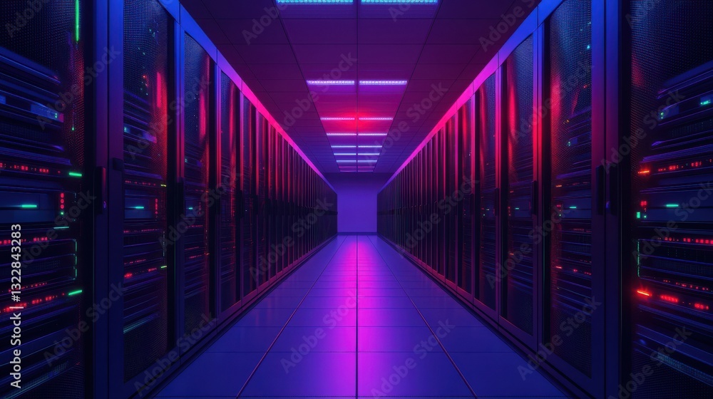 Poster data center security infographic concept. futuristic data center illumination and infrastructure des