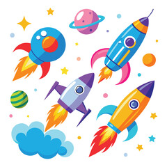 Rocket in the space with planets of the solar system
