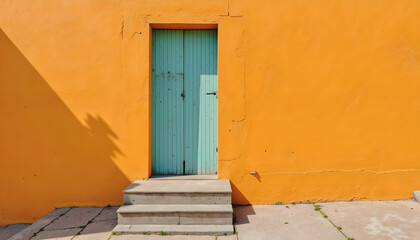 A Bright Orange Wall and Green Door with Stone Steps