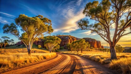 Obraz premium Winding dirt road through serene Australian outback landscape with eucalyptus trees and sunlit rocky outcrops, open space , rural landscape