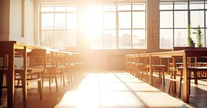 Rays of light falling to the empty classroom. Empty classroom with chalkboard and rows of desks with chairs. Break at school.
