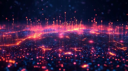 Obraz premium Abstract digital landscape of glowing lights and particles