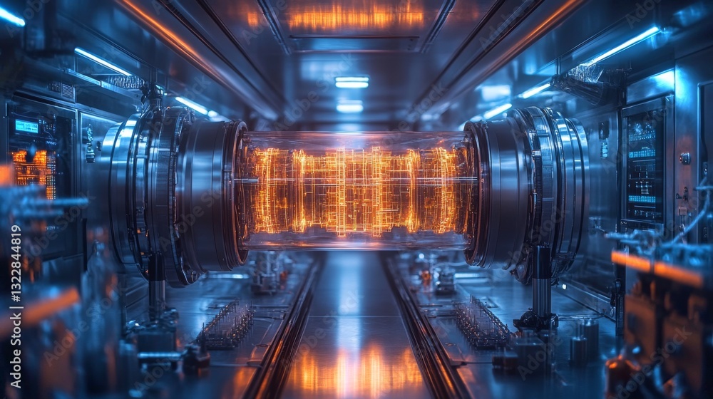 Fototapete A futuristic laboratory showcases a quantum processor with glowing streams of data representing qubit states, superposition, and entanglement, highlighting innovation in quantum computing.