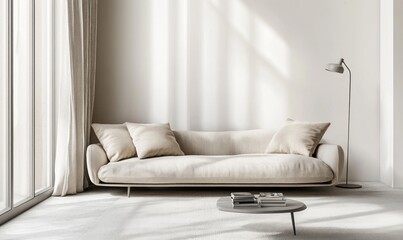 Minimalist beige sofa in bright living room.