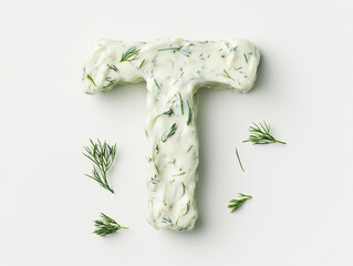 a letter T made of tzatziki sauce, top view. Minimalistic design on a plain white background, high