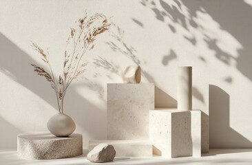 Minimalist beige still life with dried flowers, stone, and geometric shapes.