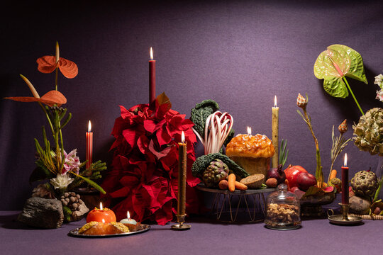 Festive Holiday Table with Poinsettias and Seasonal Accents