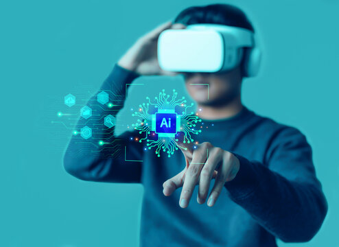Man wearing VR glasses is experiencing the global virtual internet in the concept of AI engineering, metaverse and future digital technology. Global business, digital marketing, digital connectivity t