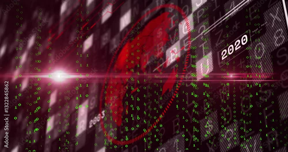 Poster animation of digital matrix code with futuristic 2019 text in red and green