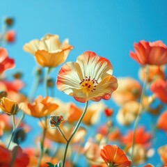 Obraz premium Vibrant Orange and Yellow Flowers against Bright Blue Sky