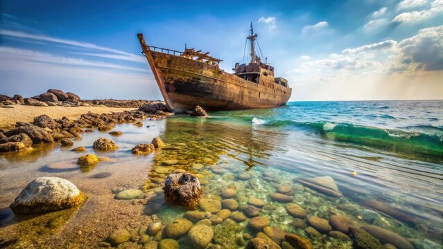 Ancient Greek shipwreck, partially submerged on sandy beach of Kish Island, Iran, with sea stones and seaweed scattered around