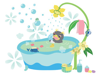 お風呂に入る生き物達のイラスト © Hanarai-Emi