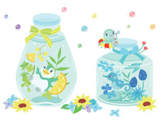 ハーバリウムと海の生き物達のイラスト