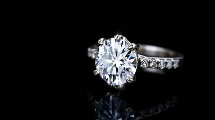 Sparkling diamond engagement and wedding ring set on black background.