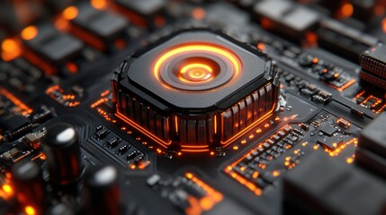Obraz premium High-tech circuit board with glowing central component