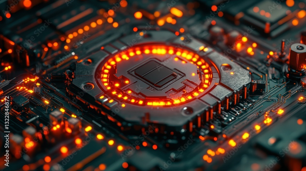 Poster high-tech circuit board with glowing components