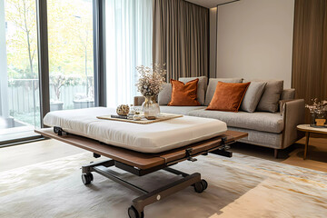 Adjustable height bed table in a modern living room, merging versatile functionality with contemporary style