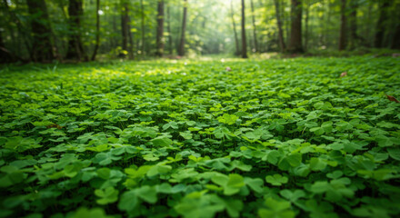 A Top View Of Lush Green Clovers In A Vibrant Forest Soft Focus Photograph