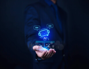 Businessman using AI robot technology. A man uses a laptop to talk to AI artificial intelligence. Future technology.