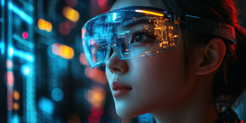 Exploring innovative technology with futuristic glasses data center portrait high-tech environment close-up visionary concept