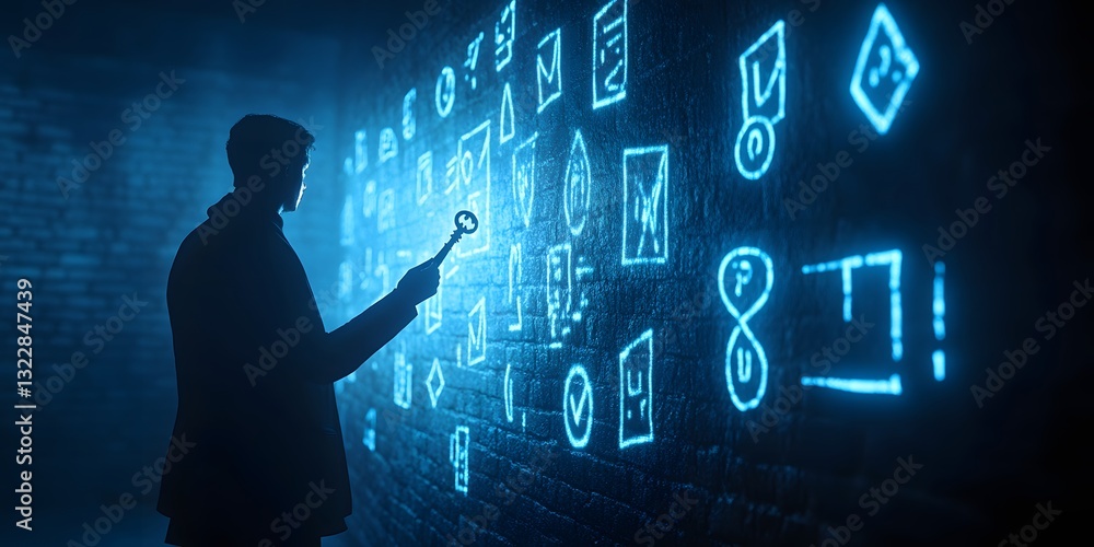 Poster mysterious silhouette navigating futuristic digital landscape with enigmatic symbols and data visual