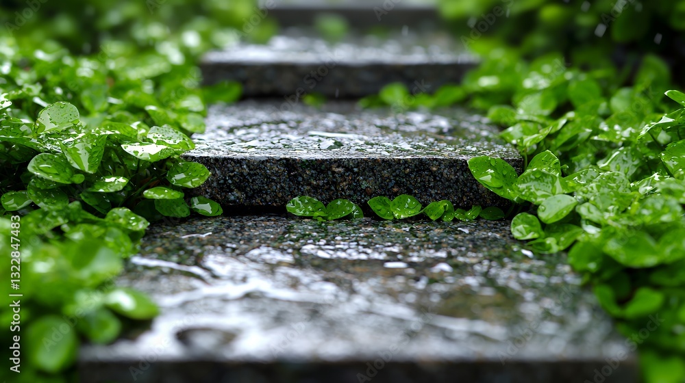 Poster wet stone pathway with greenery creating a tranquil garden scene