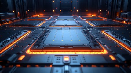 High-tech computer server array.  Intricate circuit boards illuminated by orange glow