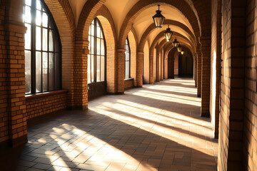Softly glowing sunlight in a desolate hall, casting gentle shadows and evoking solitude