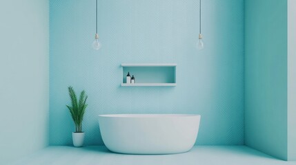 Fototapeta premium Minimalist blue bathroom with freestanding tub, plant, and shelf.