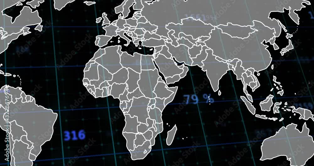 Poster map of europe and africa with grid lines and data overlay animation