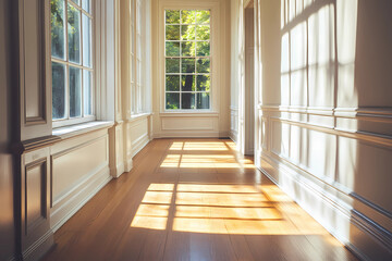 Fototapeta premium A bright, airy hallway where natural sunlight casts ambient patterns across the space