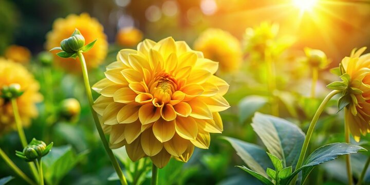 Vibrant yellow dalia flower blooming in a lush green garden with sunlight filtering through the leaves, vibrant flowers, garden blooms