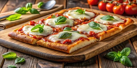 Crispy crust Sicilian pizza with melted mozzarella cheese and fresh basil leaves on a wooden cutting board, crispy, mouthwatering