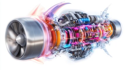 A close-up of a modern turbofan jet engine, with its intricate internal components exposed, showcasing the latest advancements in aerodynamics and fuel efficiency