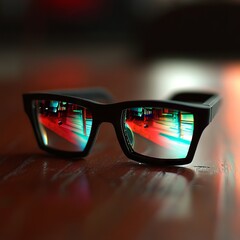 A pair of glasses with reflective lenses on a wooden surface