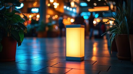 Illuminated outdoor lamp in a bustling city marketplace.  Modern, warm-toned light source