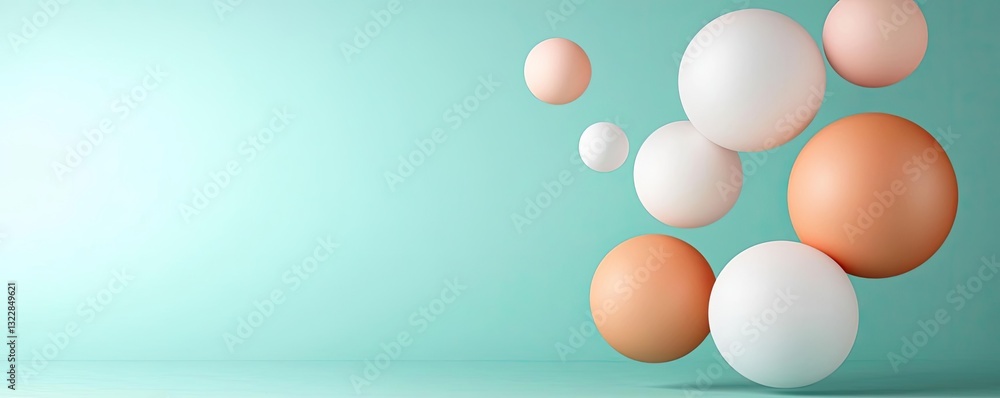 Poster 3d abstract art background idea. colorful spheres floating against a soft teal background, creating 
