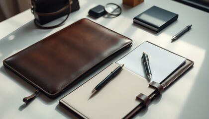 Notebooks, Pens, and Leather Organizer on White Surface, Office Workspace