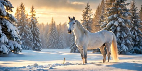 A white horse stands alone in a vast snow-covered landscape with pine trees in the background, its coat glistening in the pale light of winter sun, animal, snow