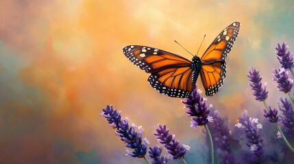 Obraz premium Butterfly & Lavender: A Sunset Painting