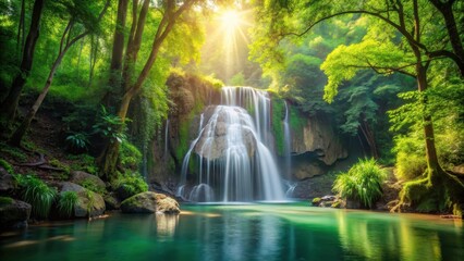 Serene secluded waterfall nestled among emerald green forest foliage with sunlight filtering through the trees, nature, green