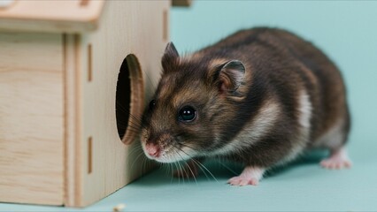 Fototapeta premium Hamster exploring a wooden house