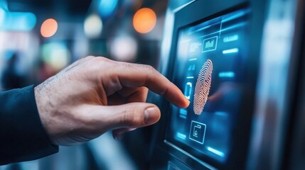 A biometric payment system scanning a customer fingerprint at a futuristic checkout counter
