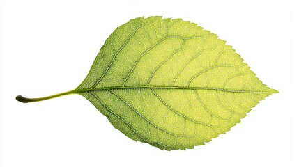 Fototapeta premium A detailed close-up of a vibrant green leaf with intricate veins and a slender stem, set against a clean white background, highlighting the leaf's texture and natural beauty.