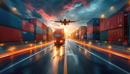 A truck and cargo plane flying over an industrial port with containers. In the background is a huge docked ship.