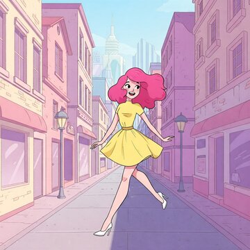 Mujer con vestido amarillo y pelo suelto caminando en la ciudad